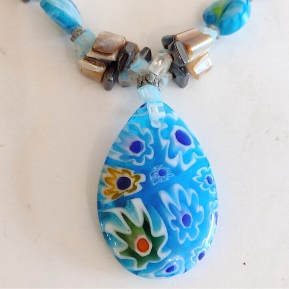 Millefiori Y Drop Glass Pendant Necklace Millefiori Glass Chips Stones Turquoise - Picture 2 of 10